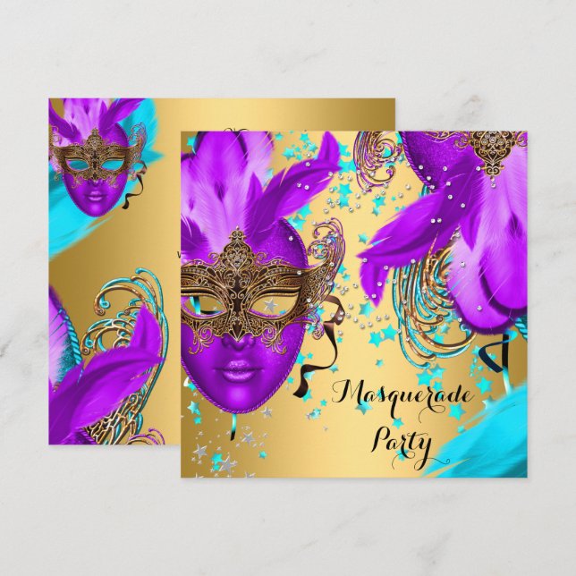 MasqueraBoll Party Lila Teal Blue Mask Guld Inbjudningar (Fram/baksida)