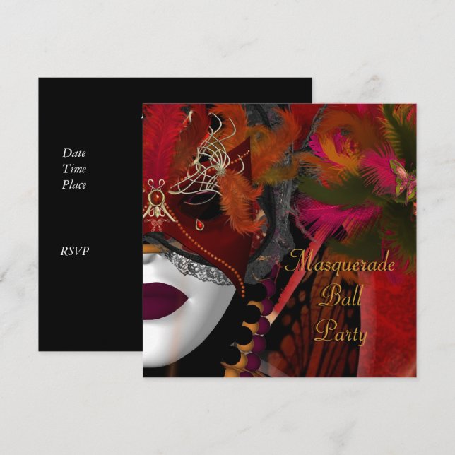 MasqueraBoll Party Mask Black Red Inbjudningar (Fram/baksida)