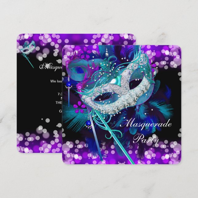 MasqueraBoll Party Teal Blue Lila Mask 2 Inbjudningar (Fram/baksida)