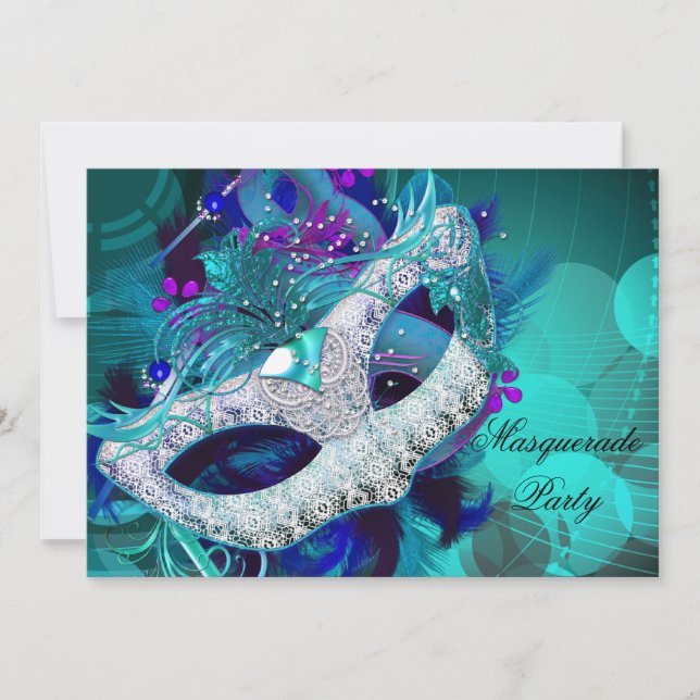 MasqueraBoll Party Teal Blue Lila Mask E Inbjudningar (Framsida)