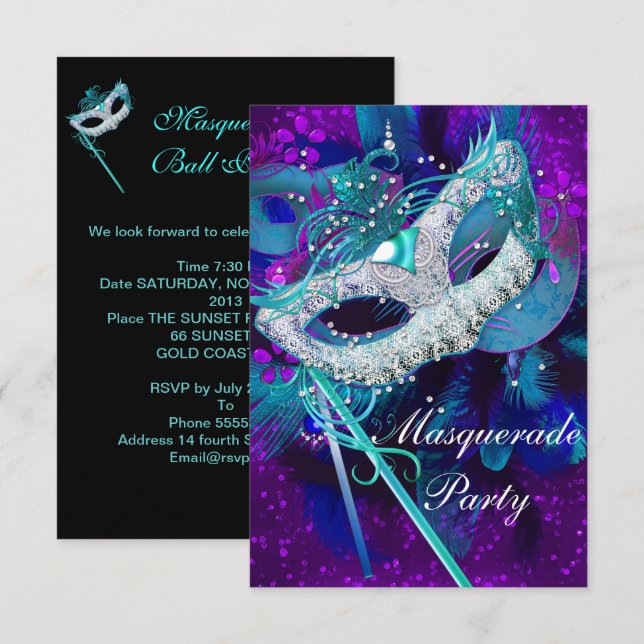 MasqueraBoll Party Teal Blue Lila Mask SML Inbjudningar (Fram/baksida)