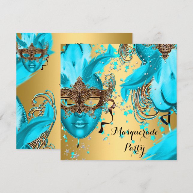 MasqueraBoll Party Teal Blue Mask Guld 3 Inbjudningar (Fram/baksida)