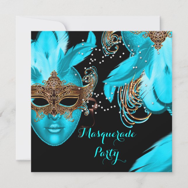 MasqueraBoll Party Teal Blue Mask Inbjudningar (Framsida)