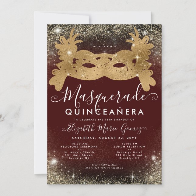 MasqueraBurgundy Red Guld Glitter Quinceanera Inbjudningar (Framsida)