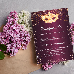 Masqueraburgundy ro guld glitter födelsedag inbjudningar