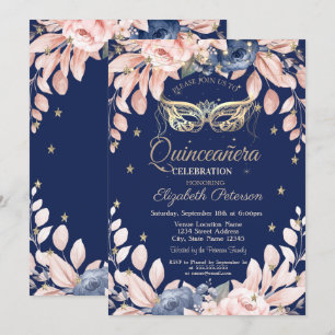 Masquerad,Blåa blommor,Guld Stars Quinceañera Inbjudningar