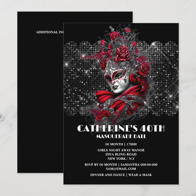 Masquerad boll födelsedag Venetian mask ro blommig Inbjudningar (Fram/baksida)