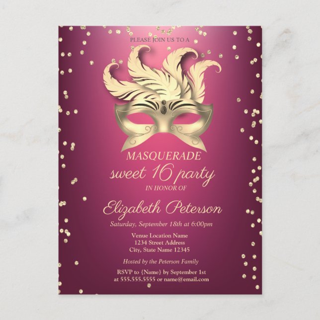 Masquerad Guld Diamonds,Masque,Lila Sweet 16 Inbjudan Vykort (Framsida)
