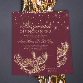 Masquerad guld glitter röd burgundi quinceanera inbjudningar