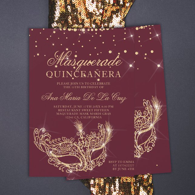 Masquerad guld glitter röd burgundi quinceanera inbjudningar (Skapare uppladdad)