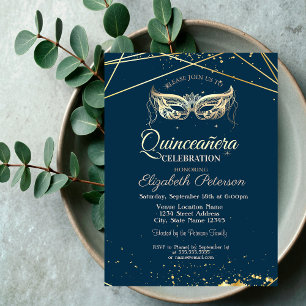 Masquerad,Guld, Navy Blue Quinceañera Inbjudningar