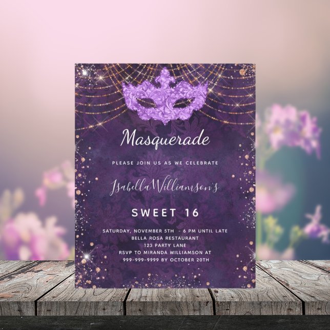 Masquerad lila guld Sweet 16-inbjudan Flygblad (Skapare uppladdad)