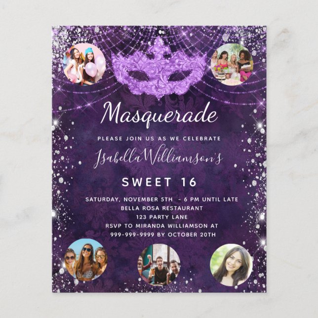 Masquerad lila Sweet 16-inbjudan Flygblad (Framsidan)