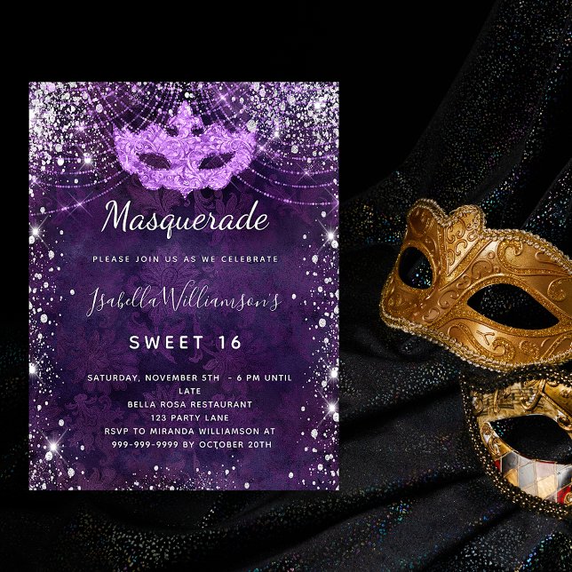 Masquerad lila Sweet 16 party budgetinbjudan Flygblad (Skapare uppladdad)