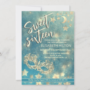 Masquerad måne & stars calligraphy sweet sixteen inbjudningar