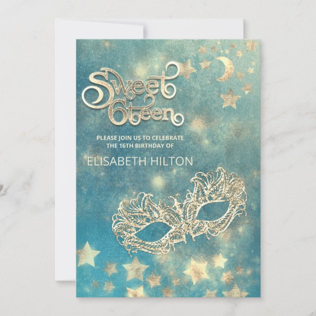 Masquerad måne & stars calligraphy sweet sixteen inbjudningar (Framsida)