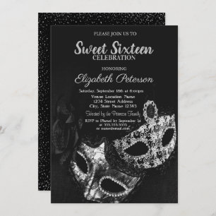Masquerad,Masque,Black,Grått Confetti Sweet 16 Inbjudningar