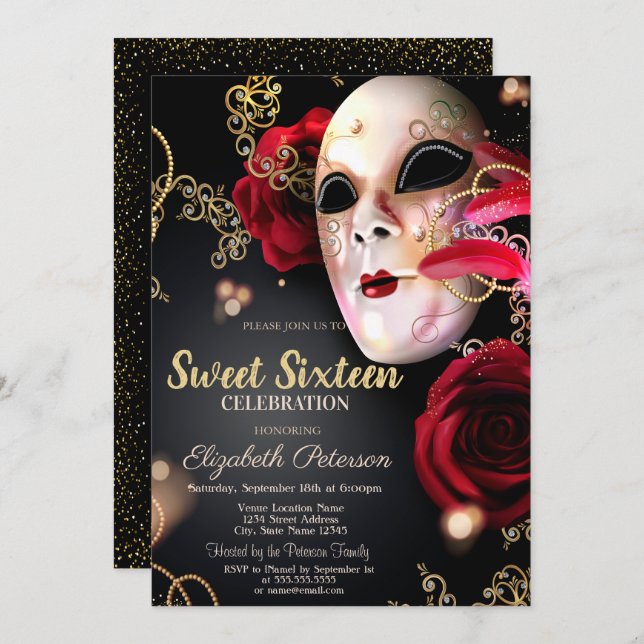 Masquerad,Masque,Konfetti Röd ros Sweet 16 Inbjudningar (Fram/baksida)