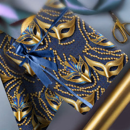 Masquerad Mönster Pärlor Mask Blue Guld ID1031 Presentpapper