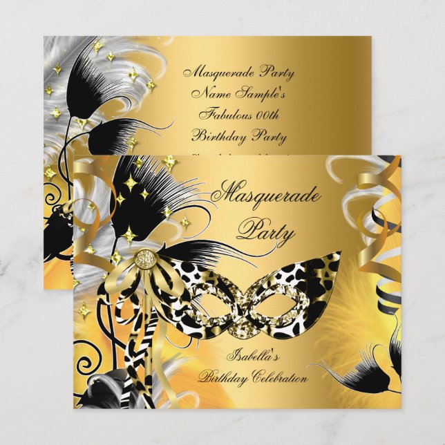 Masquerad Party Birthday Vild Mask Black Guld 2 Inbjudningar (Fram/baksida)