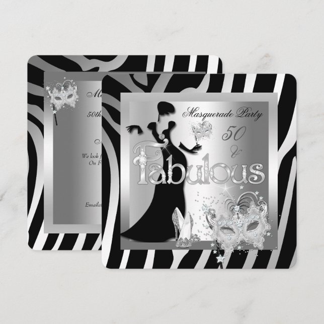 Masquerad Party Fabulous 50 Zebra Silver Black Inbjudningar (Fram/baksida)