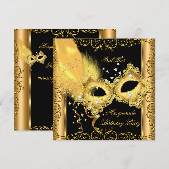 Masquerad Party Guld Black Gult Mask 2 Inbjudningar (Fram/baksida)