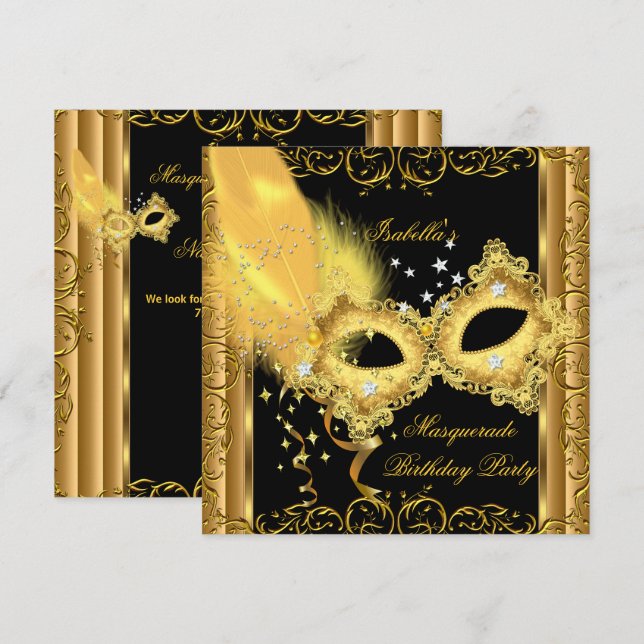 Masquerad Party Guld Black Gult Mask Inbjudningar (Fram/baksida)