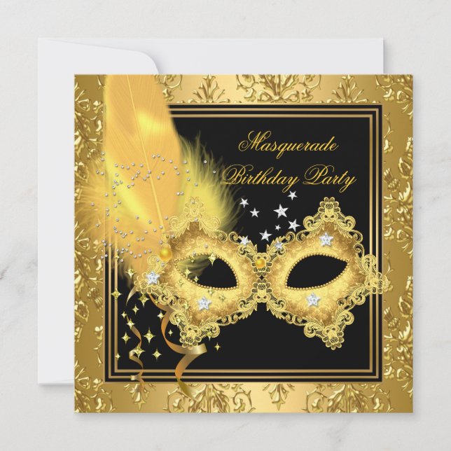 Masquerad Party Guld Damask Black Gult Mask 2 Inbjudningar (Framsida)