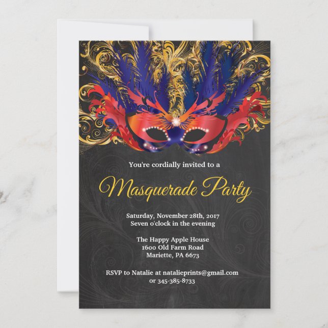 Masquerad Party Magiska natten Red Guld Blue Inbjudningar (Framsida)