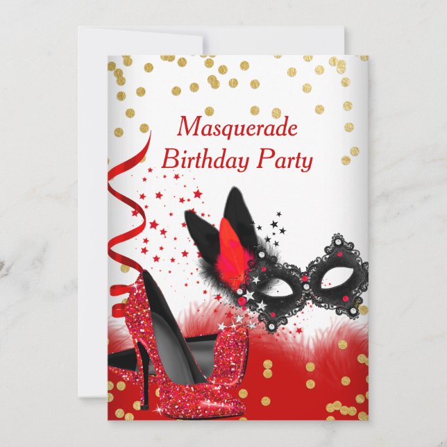 Masquerad Party Red Heels White Guld Black Mask 2 Inbjudningar (Framsida)