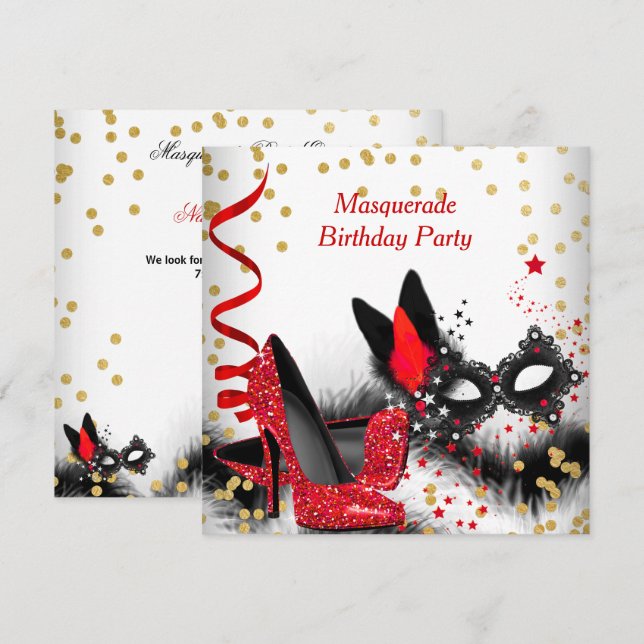 Masquerad Party Red Heels White Guld Black Mask Inbjudningar (Fram/baksida)
