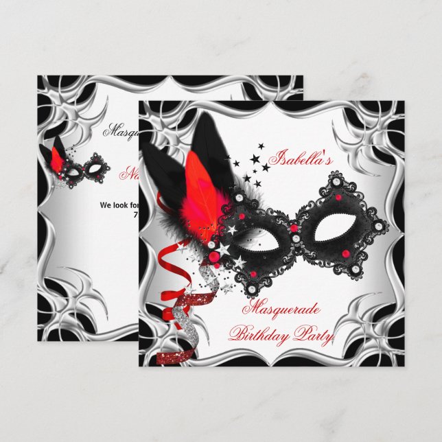 Masquerad Party Red Silver Black Mask Inbjudningar (Fram/baksida)