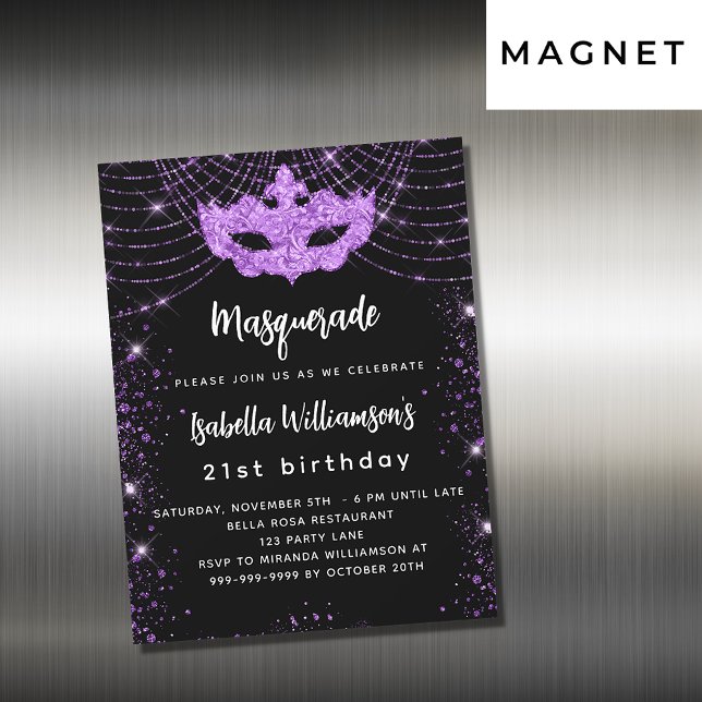Masquerad party svart lyx lila glitter magnetisk inbjudningskort (Skapare uppladdad)