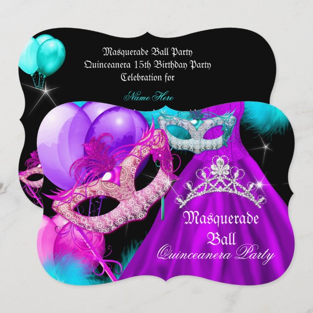 Masquerad Quinceanera 15 Party Teal Lila Rosa Inbjudningar (Fram/baksida)
