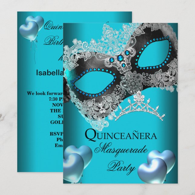 Masquerad Quinceanera 15 Teal Födelsedagsfest Inbjudningar (Fram/baksida)