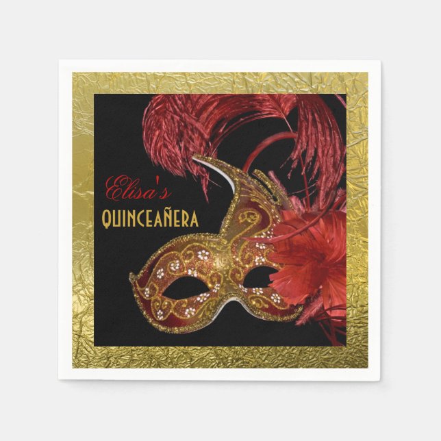 Masquerad Quinceañera party red, faux guld foil Pappersservett (Framsidan)