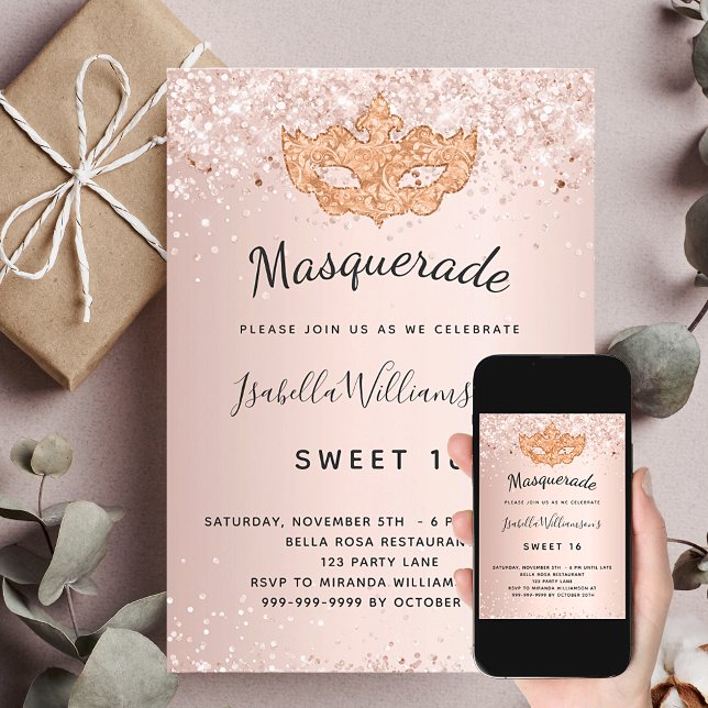 Masquerad ro glitter stoft Sweet 16 Inbjudningar (Skapare uppladdad)
