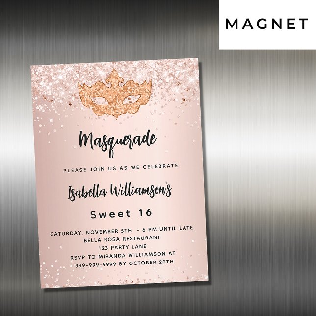 Masquerad ro guld glitter Sweet 16 lyx Magnetisk Inbjudningskort (Skapare uppladdad)