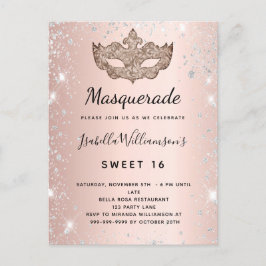 Masquerad ro silver glitter stoft Sweet 16 Inbjudan Vykort