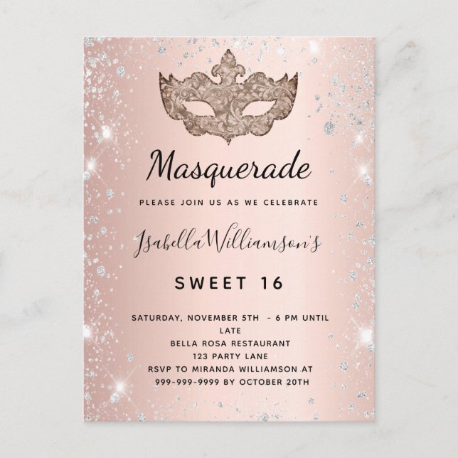 Masquerad ro silver glitter stoft Sweet 16 Inbjudan Vykort (Framsida)