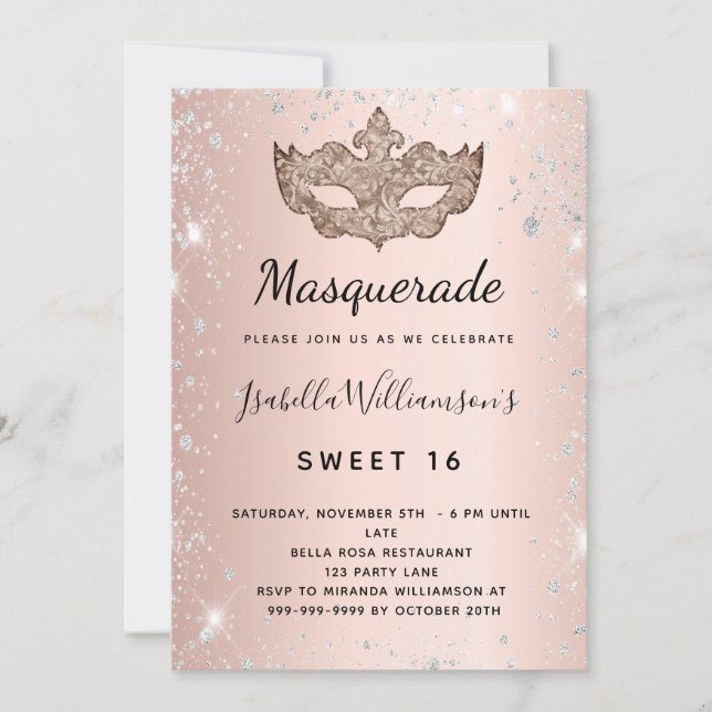 Masquerad ro silver glitter stoft Sweet 16 Inbjudningar (Framsida)