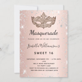 Masquerad ro silver glitter stoft Sweet 16 Inbjudningar