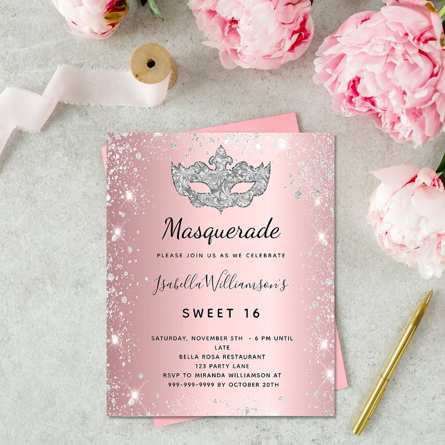 Masquerad  rosa silver Sweet 16 inbjudan (Skapare uppladdad)
