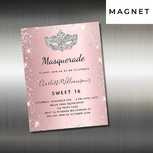 Masquerad rosa silver Sweet 16 inbjudningsmagnet
