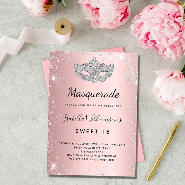 Masquerad  rosa silver Sweet 16 lyx Inbjudningar (Skapare uppladdad)