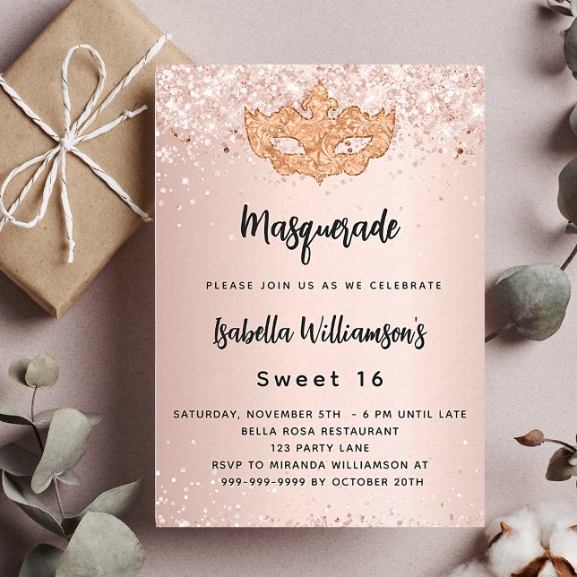 Masquerad roséguld Sweet 16 lyx Inbjudningar (Skapare uppladdad)
