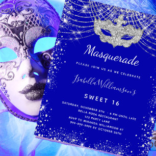 Masquerad royal blue Sweet 16 budget inbjudan Flygblad