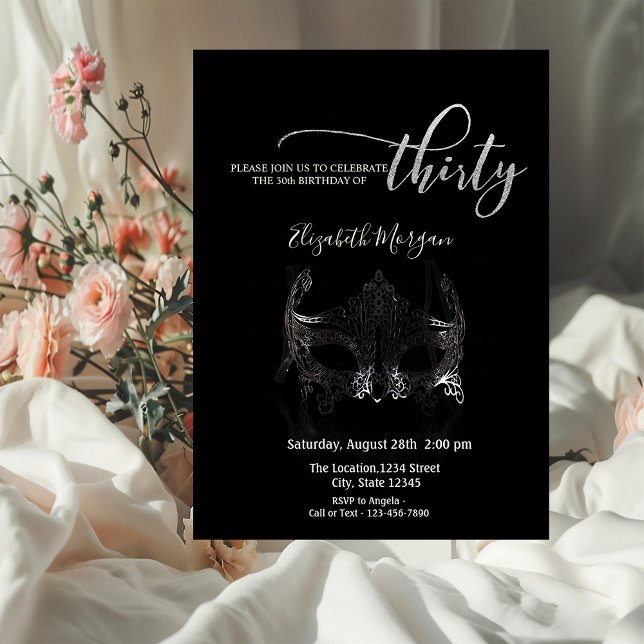 Masquerad,Silver Masque Black 30års födelsedag Inbjudningar (Skapare uppladdad)