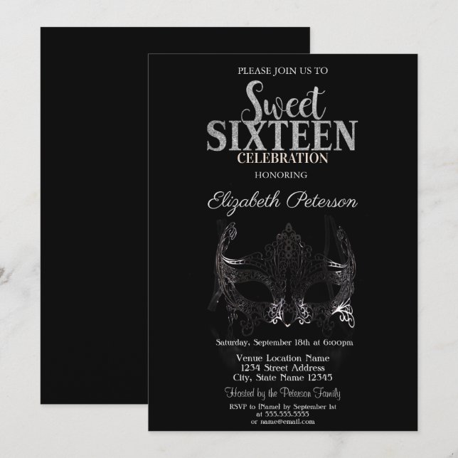 Masquerad,Silver Masque Sweet 16 Inbjudningar (Fram/baksida)