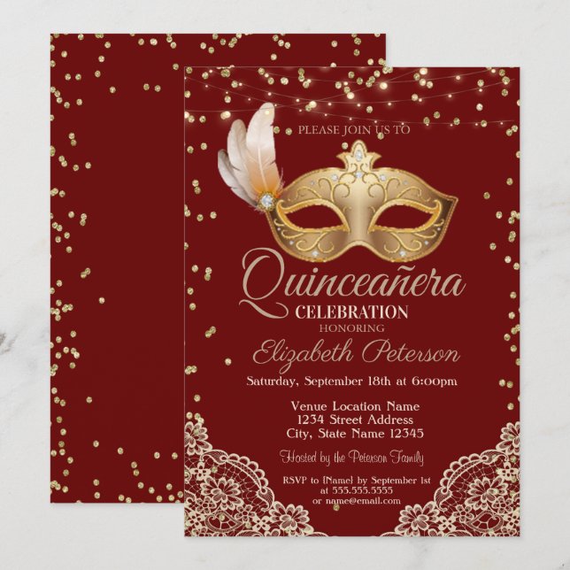 Masquerad, Snöre, Diamonds Red Quinceañera Inbjudningar (Fram/baksida)